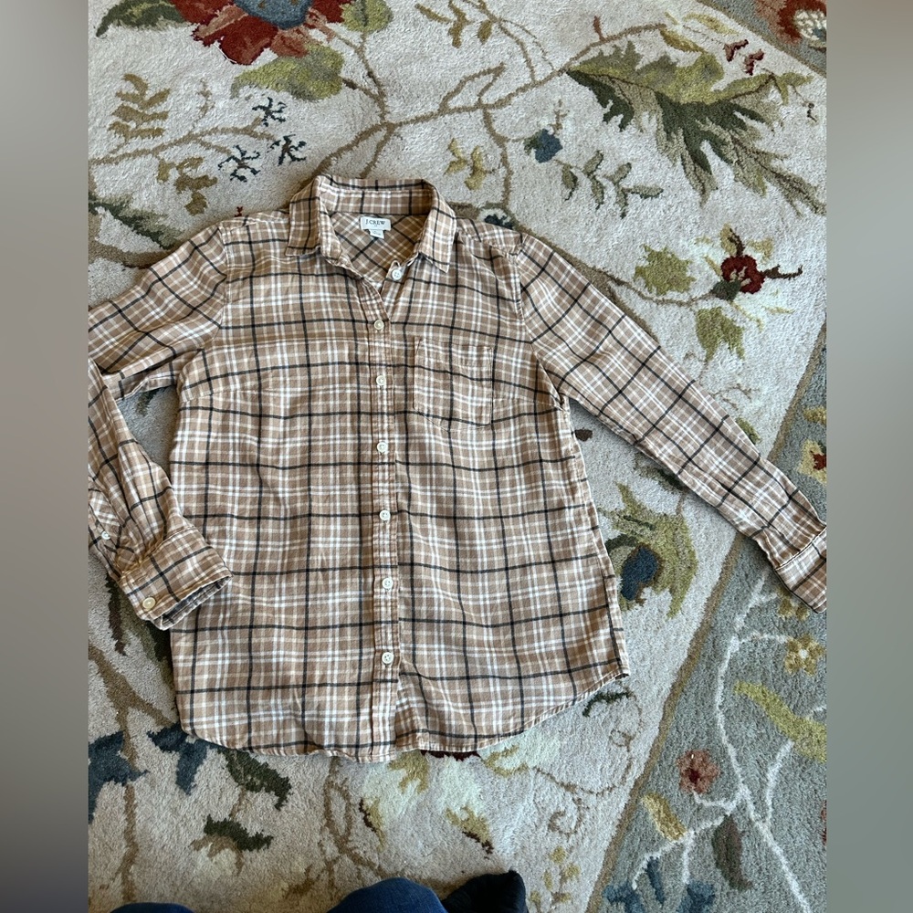 J Crew Plaid Button-Up Shirt in Brown and Cream Size Large